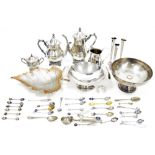 Collection of plated ware, including tea set, various souvenir spoons, vases, dishes, tray, bowls,