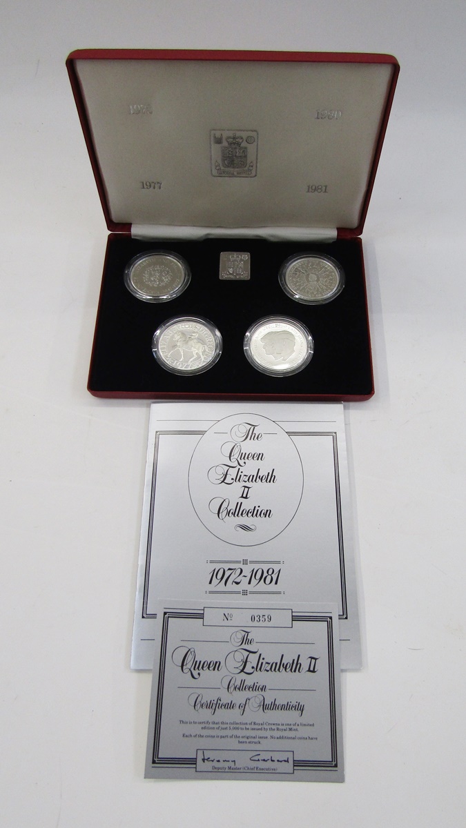 Proof silver coins, a collection of 4 silver Crowns, 1972 EP Crown, 1977 Silver Jubilee Crown,