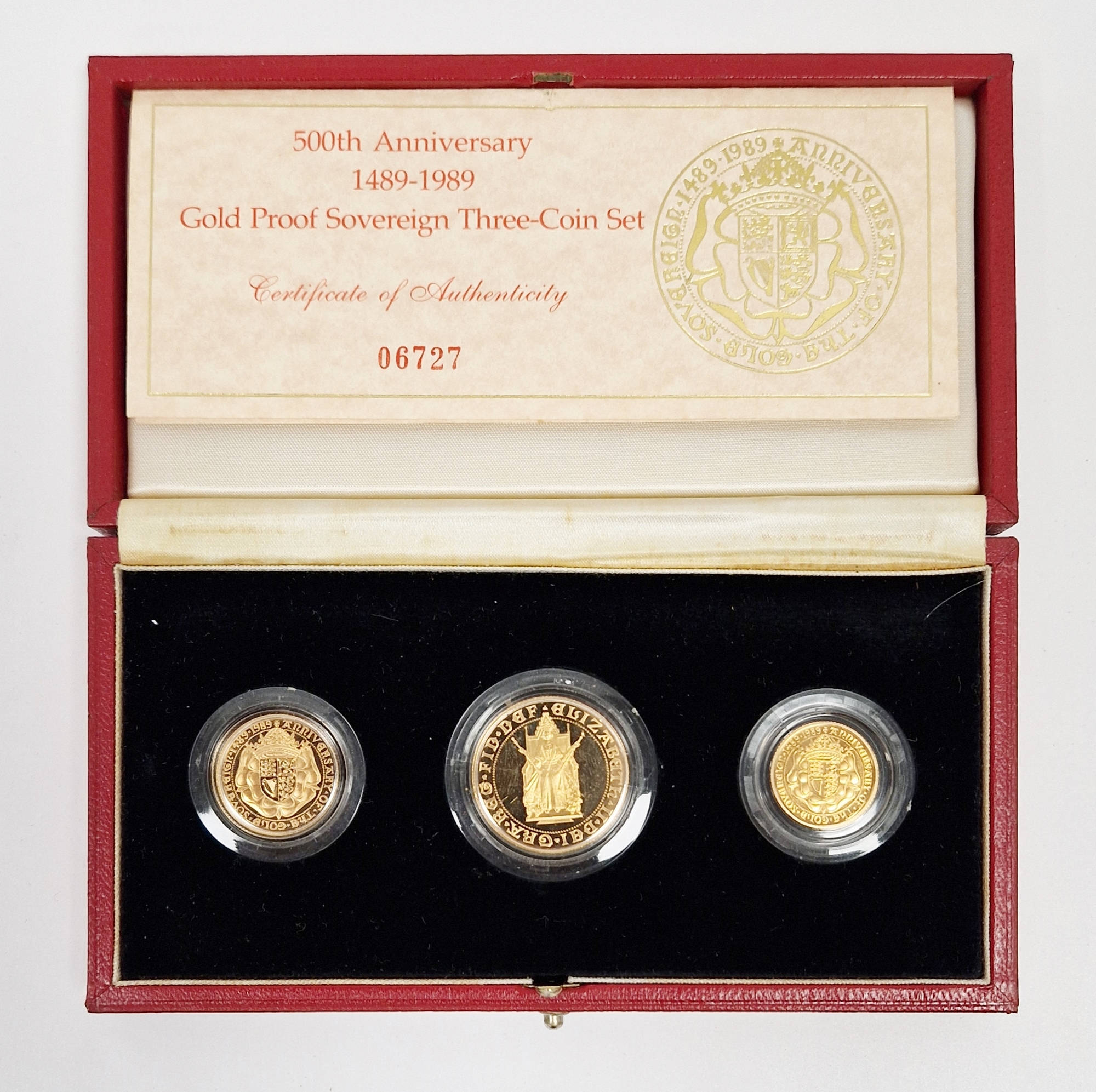 LOT WITHDRAWN 500th anniversary gold proof sovereign three coin set, 1489-1989, double sovereign