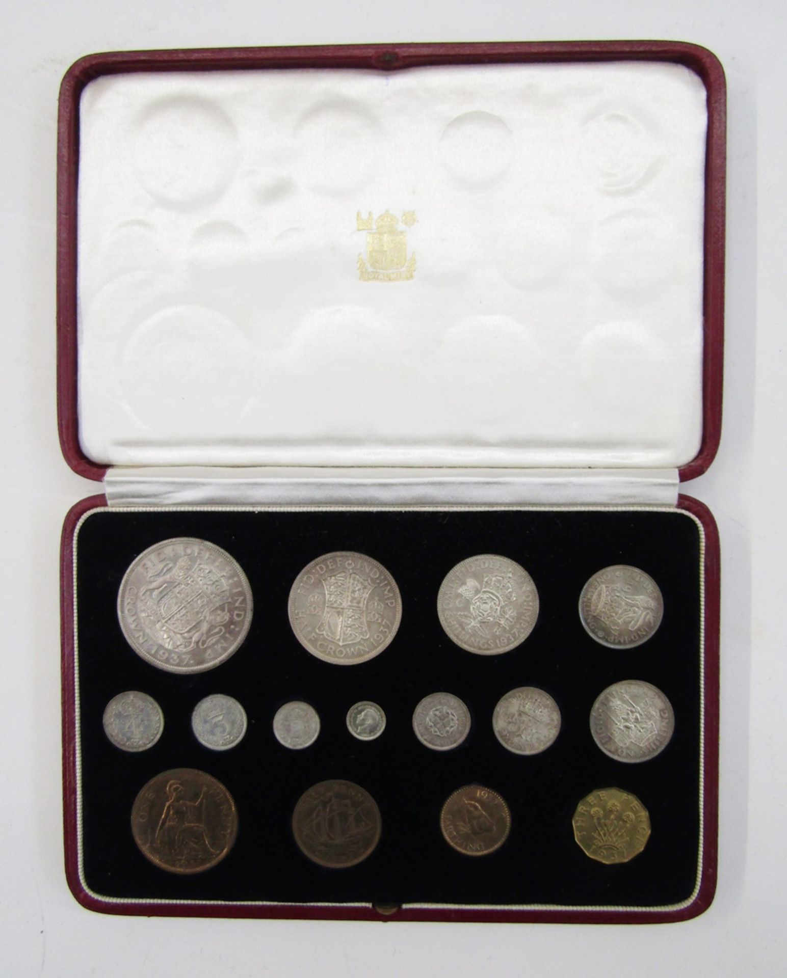 George VI 1937 Coronation proof set, 15 coins (FDC), Crown down to Farthing, with Maundy set, box in