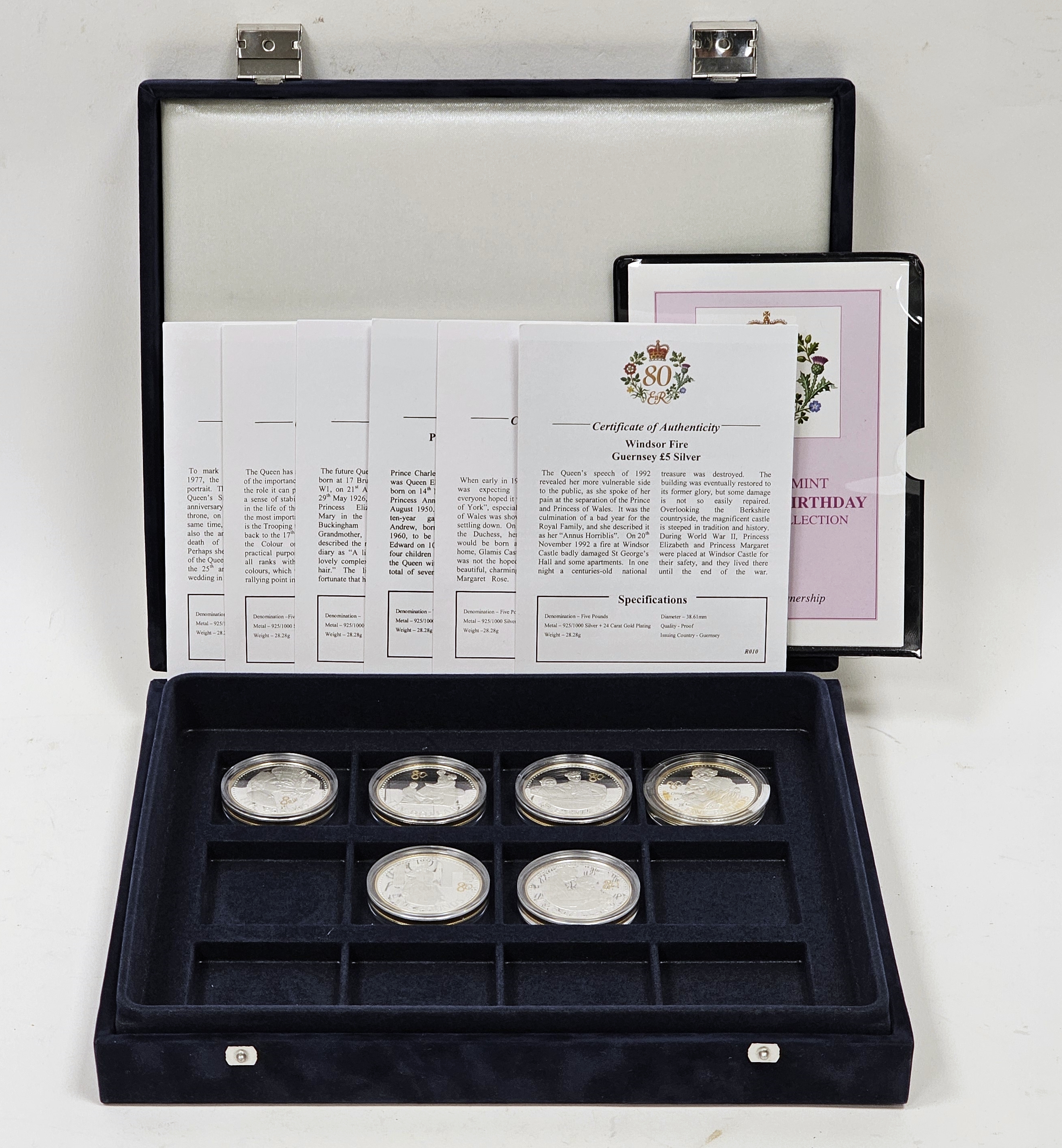 Westminster coin collection of the Queens 80th birthday, 6 coins, 3 x £5 of Jersey, Guernsey and