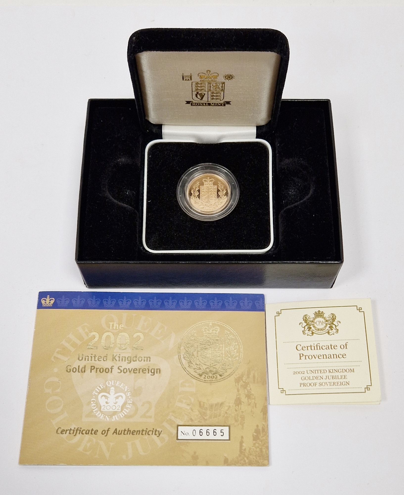 LOT WITHDRAWN 2002 Golden Jubilee 22ct gold proof sovereign, 1952-2002, issue 6665 of 12,500, in