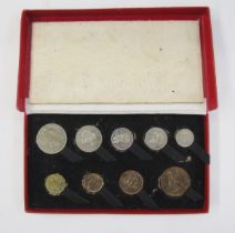 George VI 1950 proof set containing 9 coins, Half Crown to Farthing, the Threepence and Penny