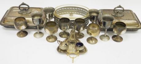 Two silver plated lidded serving tureens, a glass lined silver plated serving dish, three-piece