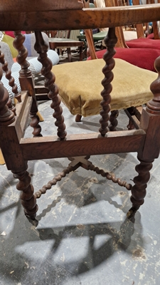 Late 19th/early 20th century oak corner chair with carved spiral supports and X-frame stretcher, - Image 44 of 44