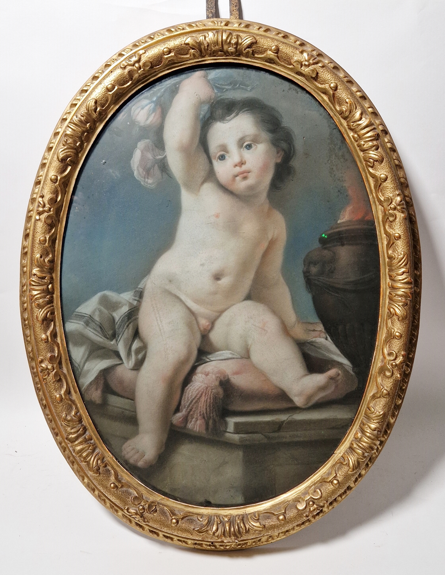18th century Italian School Pastel drawing on paper Putto, seated on a cushion beside a flaming urn, - Image 4 of 4