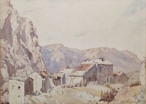 Reginald St. Clair Marston (1886-1943) Watercolour Village scene with mountain range beyond,