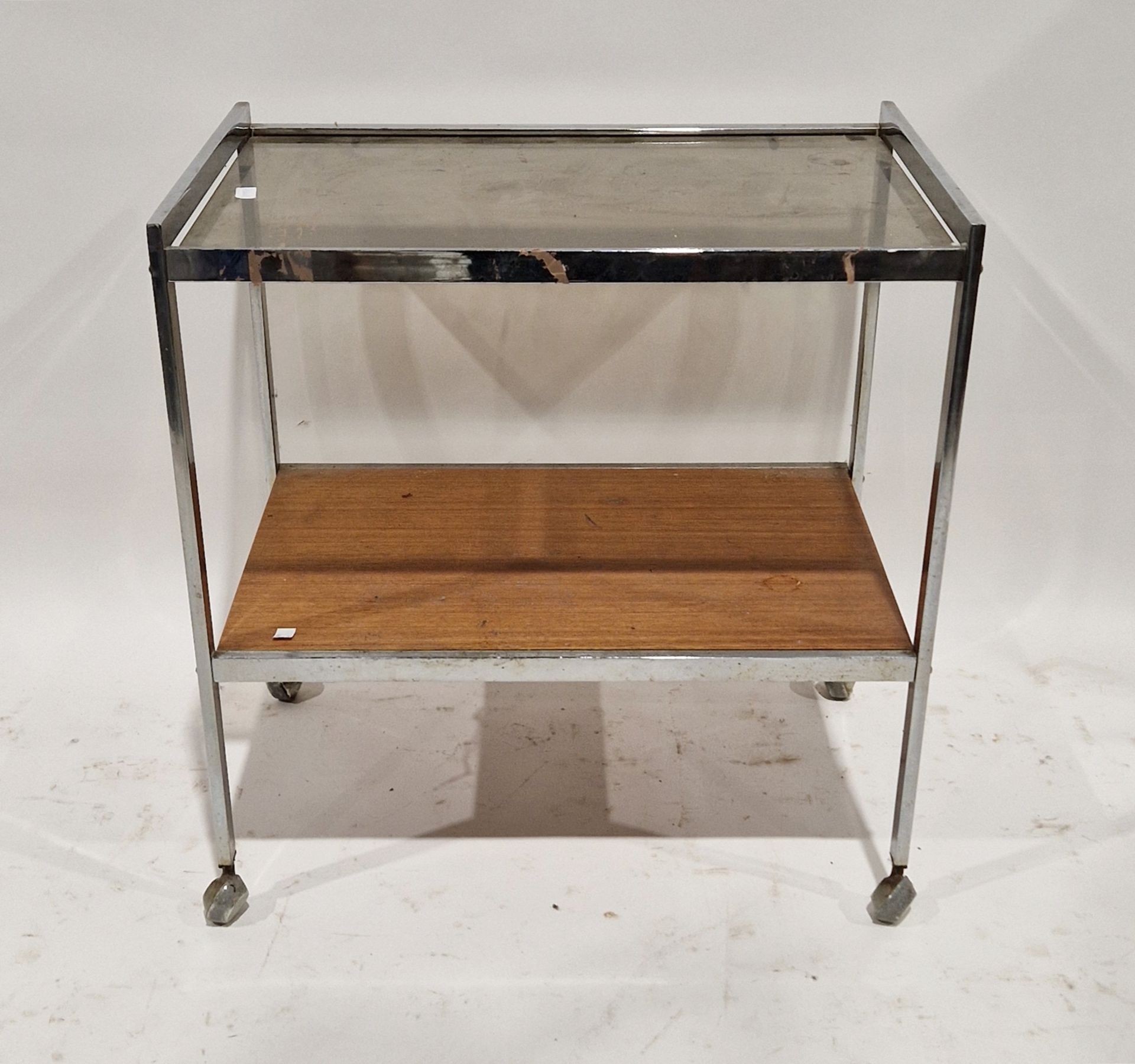 Mid century chrome and mahogany drinks trolley with glass top, on castors, 66cm high x 64cm wide x - Image 2 of 2