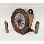 Mahogany cased postmans alarm clock with Roman numerals, inner Arabic numeral dial, 27cm diameter