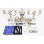 Italian silver plated model of a cow, a silver plated pepper grinder, a pair of three-branch