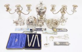 Italian silver plated model of a cow, a silver plated pepper grinder, a pair of three-branch