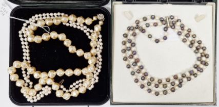 Long string of freshwater/baroque pearls, single-strand necklace and a cultured pearl two-strand