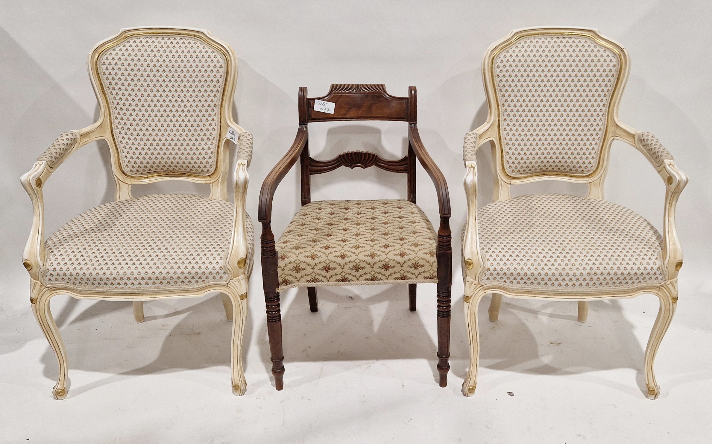 Pair of white painted reproduction elbow chairs with upholstered seat and backs, 98cm high and a