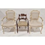 Pair of white painted reproduction elbow chairs with upholstered seat and backs, 98cm high and a