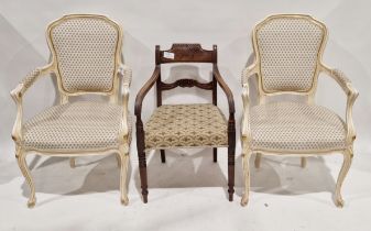 Pair of white painted reproduction elbow chairs with upholstered seat and backs, 98cm high and a