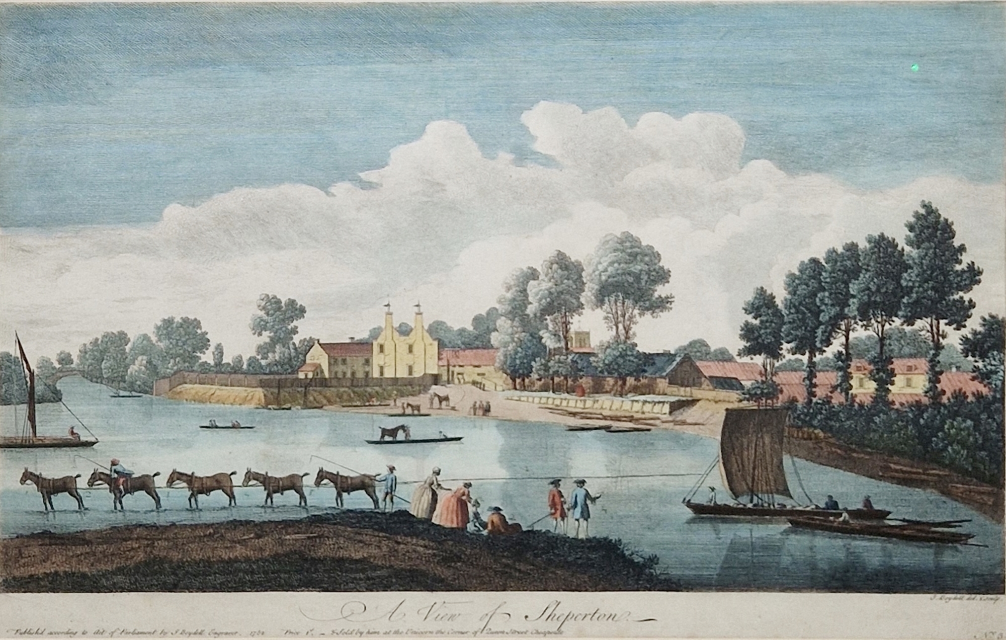 J Boydell Handcoloured engraving  "View of Shepperton", depicting horses and figures by the river, - Image 6 of 8