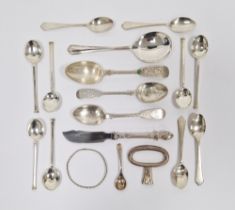Set of six white metal teaspoons, each stamped sterling, a selection of hallmarked silver