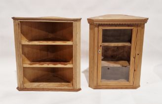Pine glazed corner display cabinet, the single door opening to reveal two fitted shelves, 80cm