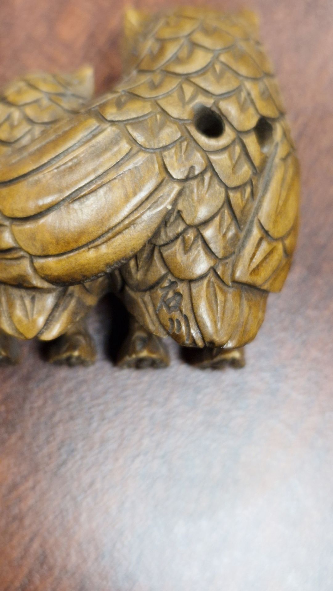 Japanese carved wood model inro of two owls pierced side by side, the larger with pierced - Image 3 of 6