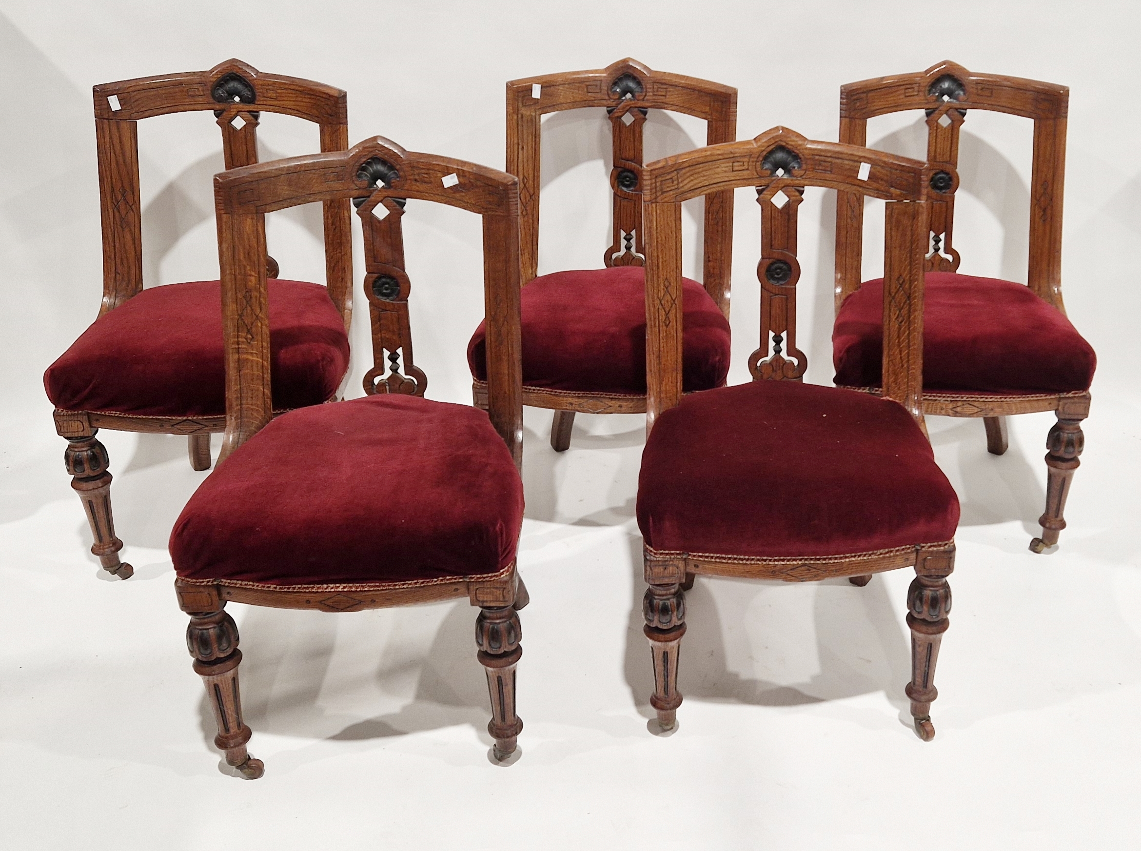 Set of five carved oak dining chairs with burgundy upholstered seats, on turned and carved front - Image 2 of 2