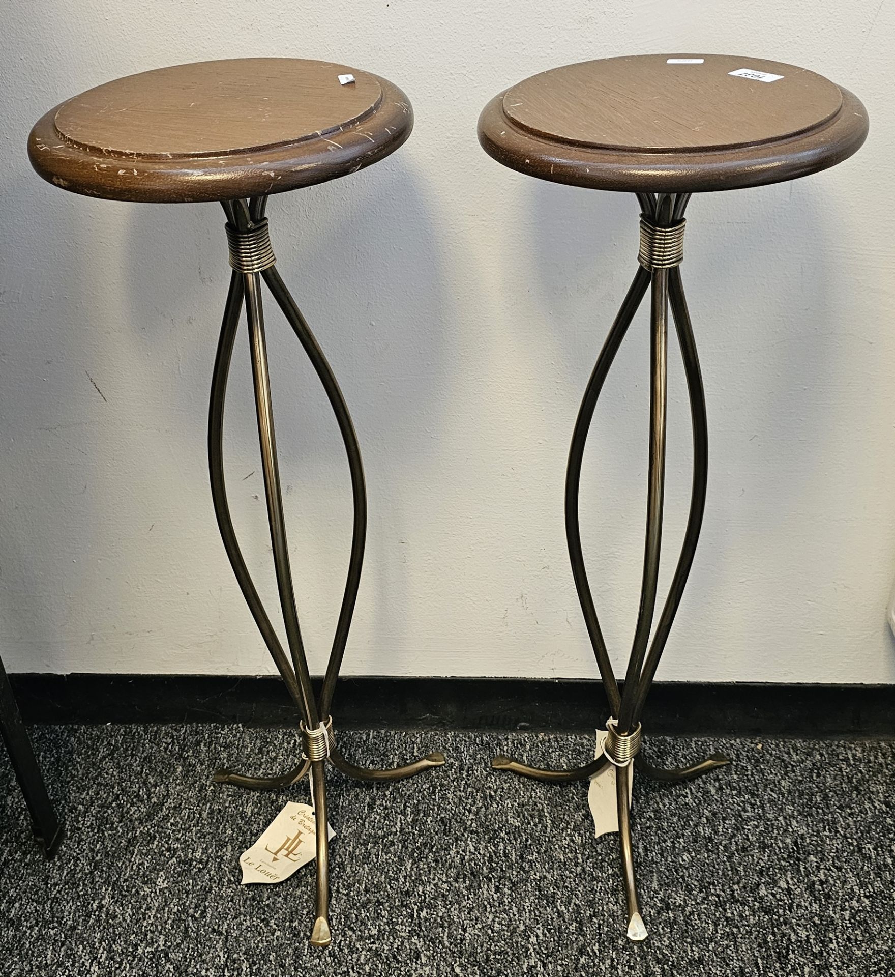 Pair of contemporary torchere stands on stylised brass-effect tripod legs, each with makers label - Image 2 of 2