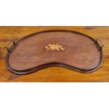 Edwardian mahogany marquetry inlaid two-handled tray, kidney-shaped and with brass end handles, 58cm