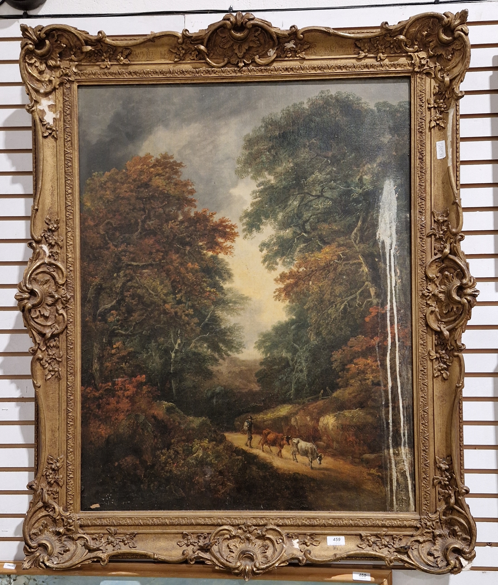 19th century school Oil on canvas Woodland scene with figure and two cows on path, unsigned, image - Image 2 of 2