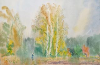 21st century continental school Watercolour on paper Figure in woodland, indistinctly signed