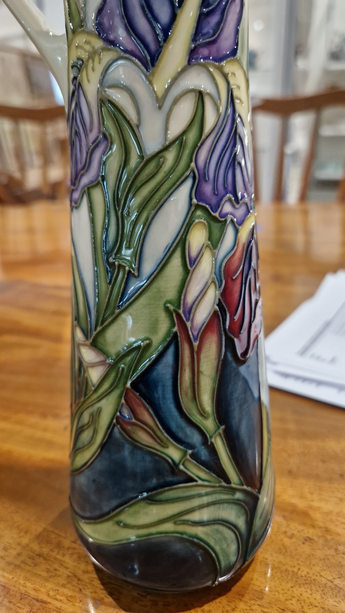 Contemporary Moorcroft tapering cylindrical jug decorated with iris pattern by Rachel Bishop, signed - Image 22 of 32