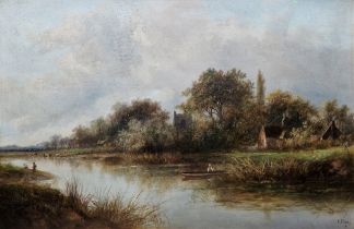 Josef Thors (Dutch, 1835-1920) Oil on canvas "Near Egham", river scene with figures and dwellings in