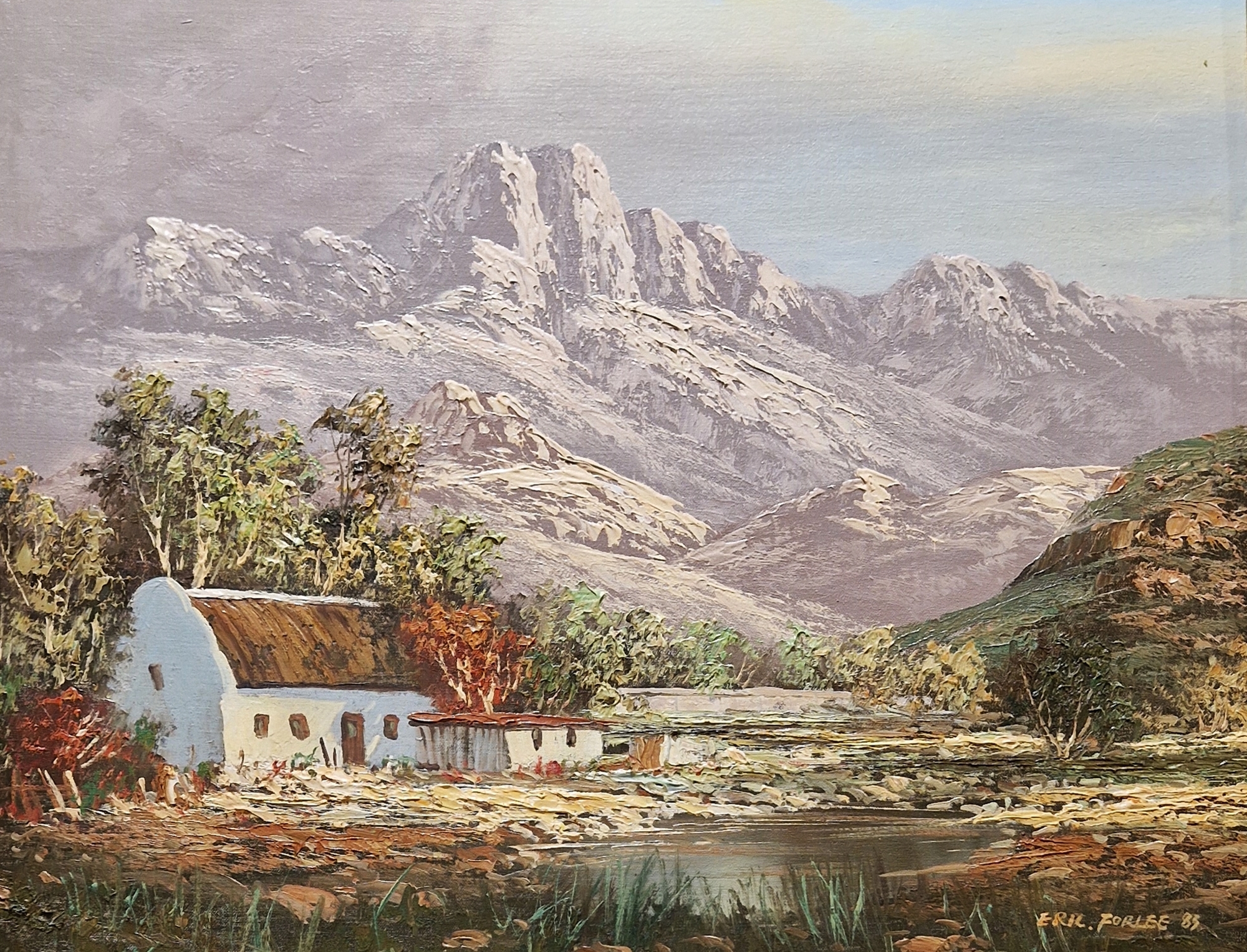 Eric Forlee (1949) Oil on board Mountain landscape with cottages, signed and dated '83 lower - Image 4 of 6