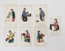 Group of Chinese Qing Dynasty rice paper paintings, each depicting a lady writing, sewing and