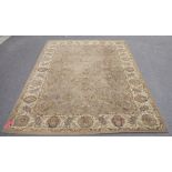 Large Indian wool carpet with mushroom field, having allover scrolling flowers, ivory border with