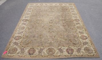 Large Indian wool carpet with mushroom field, having allover scrolling flowers, ivory border with