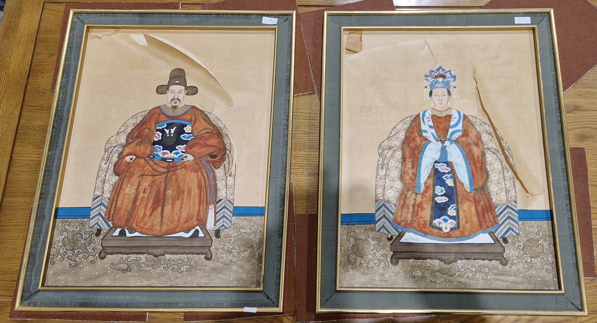 19th century Chinese school Watercolour and gouache drawing Pair of ancestor portraits, dignitary - Bild 3 aus 3