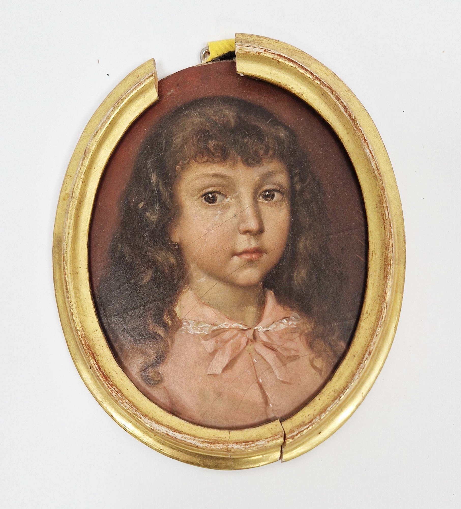 19th century  Oil on card Portrait miniature of young lady, mounted in a gilt frame, 13.5cm x 10cm