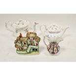 Group of 19th century Staffordshire pottery and porcelain, including a model of a tiered cottage
