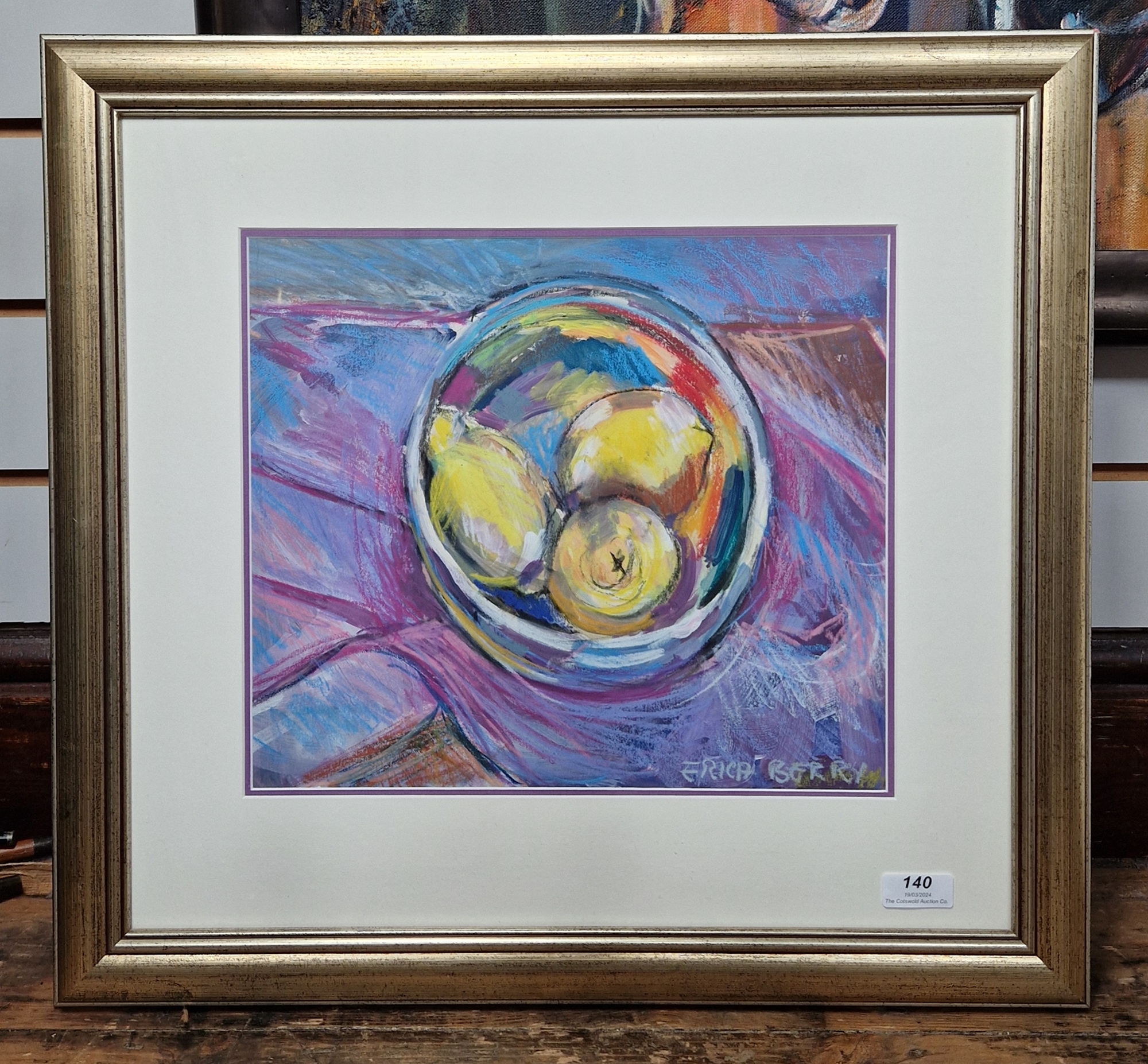 Erica Berry Mixed media Stylised still life depicting lemons in a bowl, signed lower right, framed - Image 2 of 3