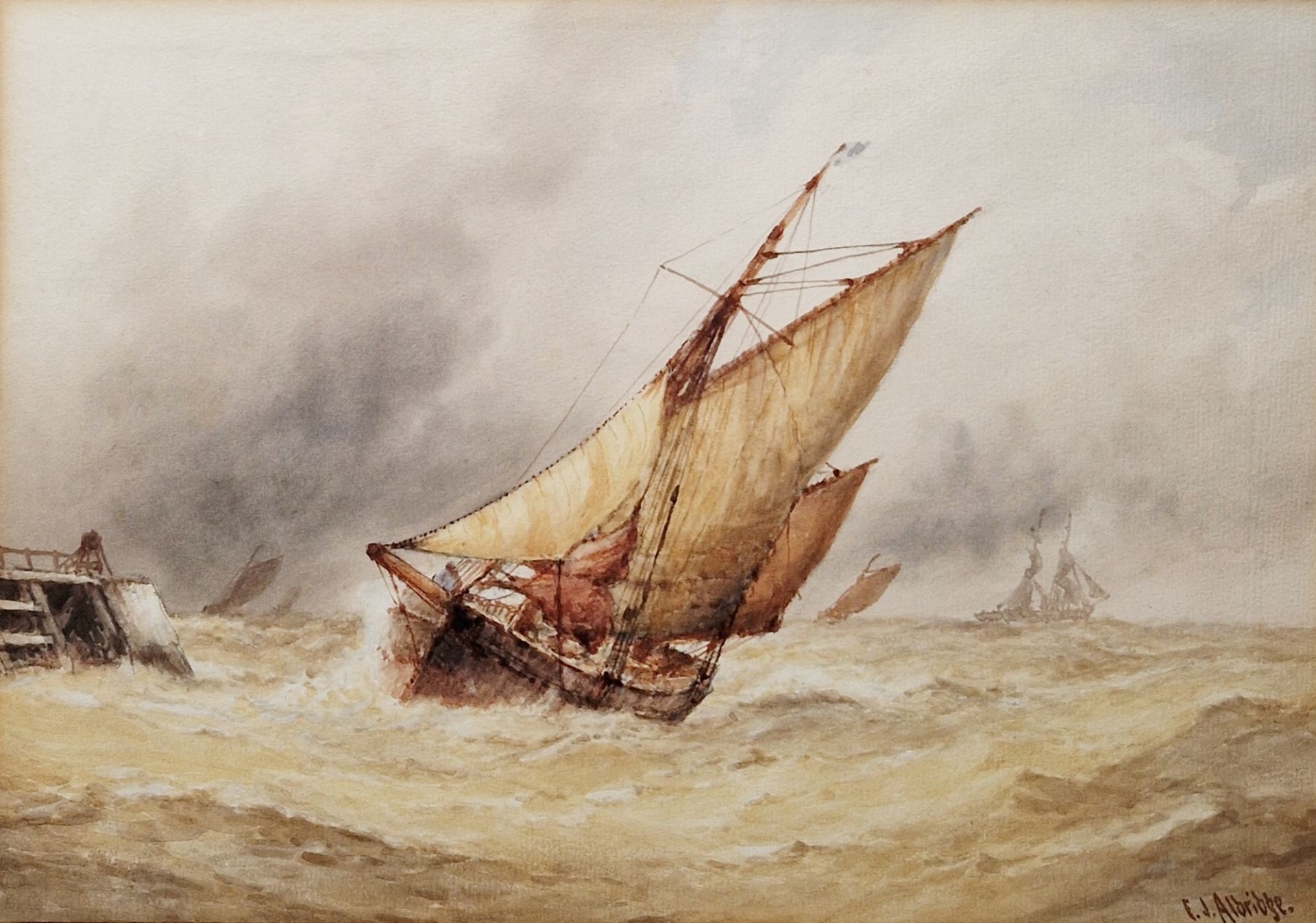 Frederick James Aldridge (1850-1933) Watercolour on paper Fishing vessel in rough sea, signed