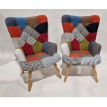Pair of modern Birlea wing back armchairs with patchwork like upholstery, on turned legs, 96cm