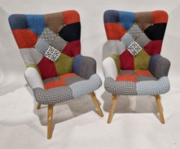 Pair of modern Birlea wing back armchairs with patchwork like upholstery, on turned legs, 96cm