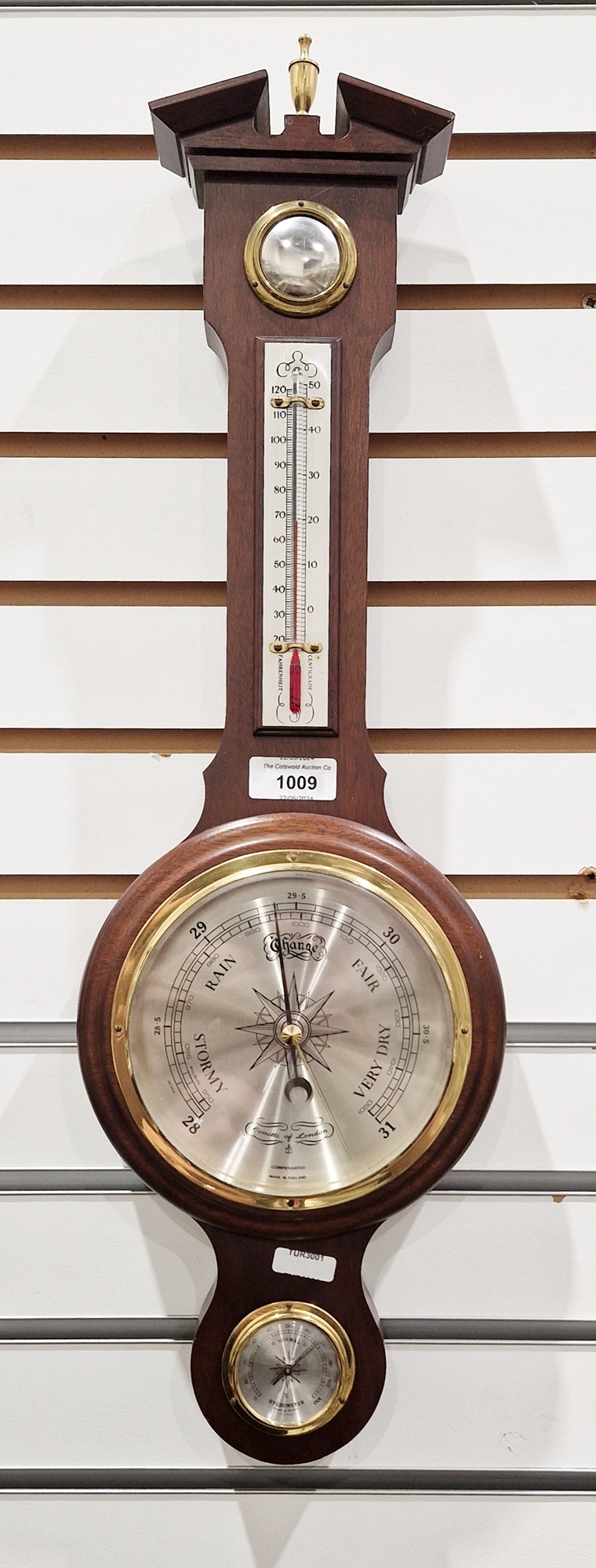Comitti, London, reproduction banjo-shaped barometer with brass mounts, 58cm high