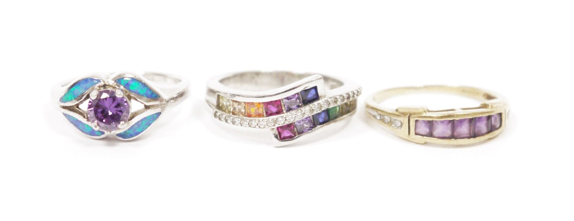 Two silver and coloured stone set rings and a 9ct gold, amethyst and diamond ring set five square - Image 2 of 2