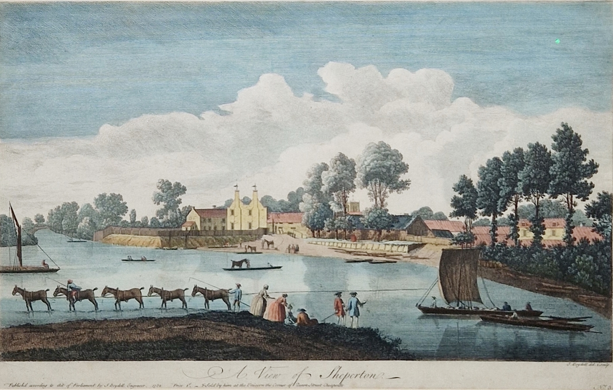 J Boydell Handcoloured engraving  "View of Shepperton", depicting horses and figures by the river, - Image 2 of 8