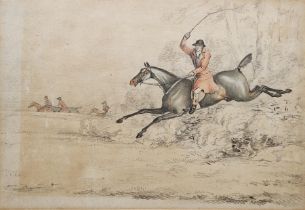 Attributed to Henry Alken (1810-1894) Watercolour and pencil drawing Huntsman jumping a fence,