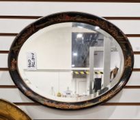 Early 20th century lacquered chinoiserie oval bevelled edged easel mirror, 35cm x 45cm