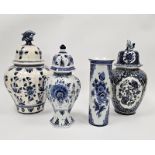 Four 20th century Dutch Delft blue and white vases, various painted marks, comprising a baluster