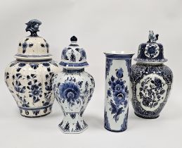 Four 20th century Dutch Delft blue and white vases, various painted marks, comprising a baluster