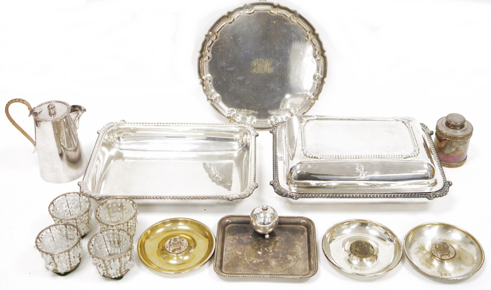 Early 20th century silver plated salter by William Hutton & Sons, a silver plated tea caddy, various