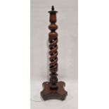 Victorian mahogany standard lamp, the column a double helix barleytwist design on scalloped square